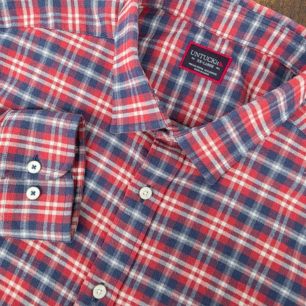 UNTUCKit Flannel Button Down Shirt Mens‎ XXL Red Navy Blue Plaid Stretch